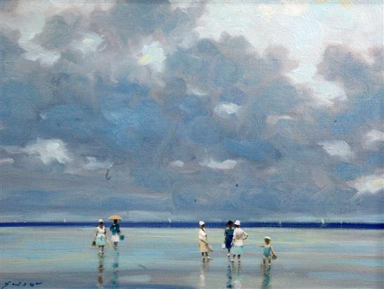 Gibson (20th C.) Figures on the beach at low tide, 12 x 16.5in.